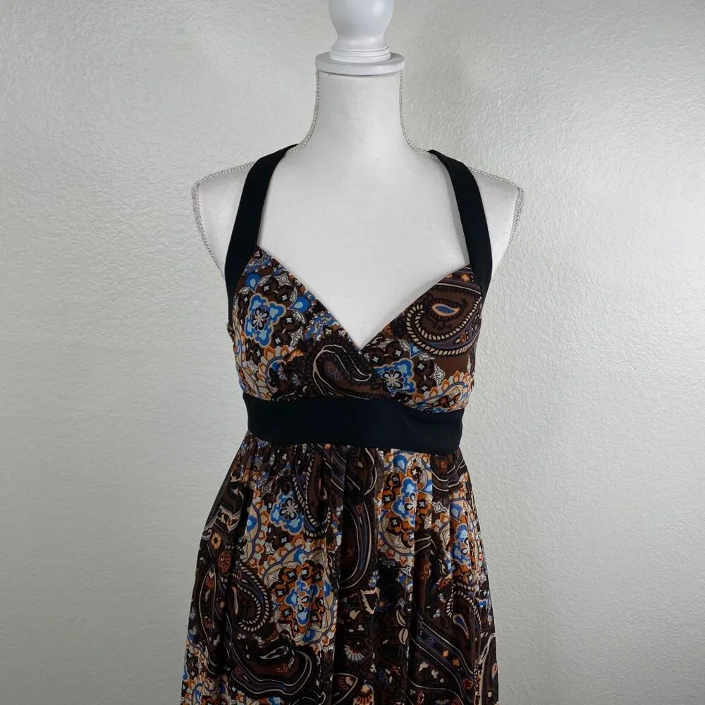 Bisou Bisou Michelle Bohbot Dress Babydoll Halter Maxi Brown Sz 8 Resort Boho